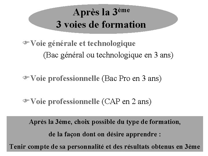 Après la 3ème 3 voies de formation FVoie générale et technologique (Bac général ou