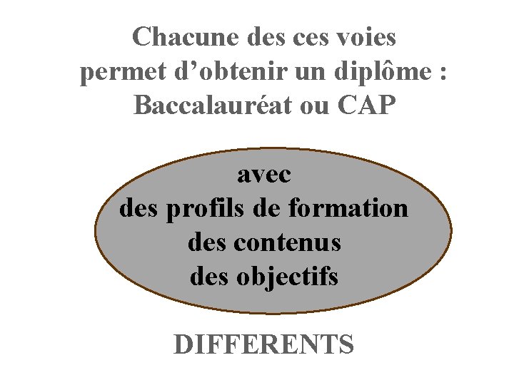 Chacune des ces voies permet d’obtenir un diplôme : Baccalauréat ou CAP avec des