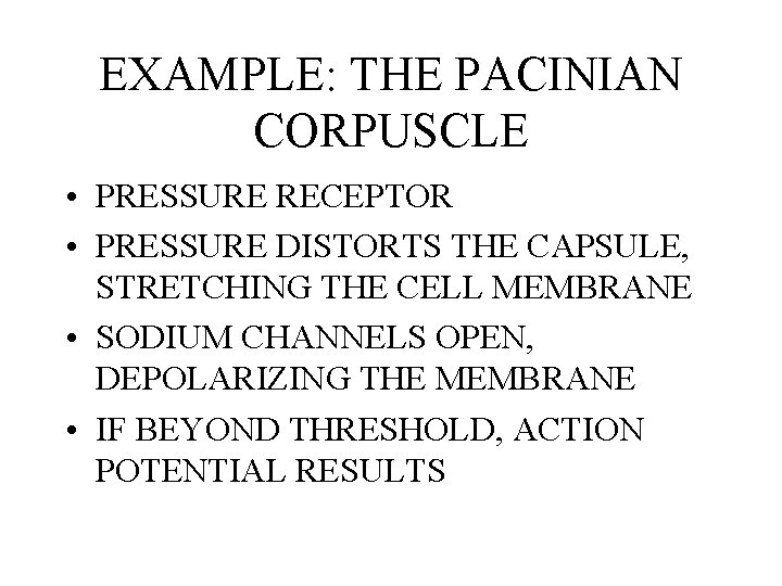 EXAMPLE: THE PACINIAN CORPUSCLE • PRESSURE RECEPTOR • PRESSURE DISTORTS THE CAPSULE, STRETCHING THE