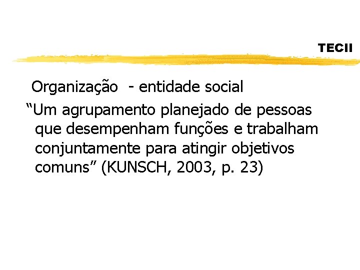 TECII Organização - entidade social “Um agrupamento planejado de pessoas que desempenham funções e