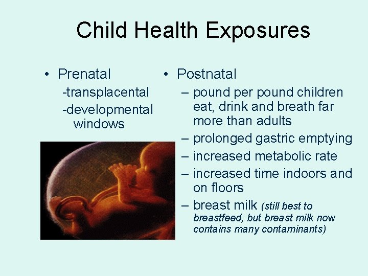 Child Health Exposures • Prenatal -transplacental -developmental windows • Postnatal – pound per pound