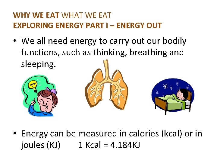 WHY WE EAT WHAT WE EAT EXPLORING ENERGY PART I – ENERGY OUT •