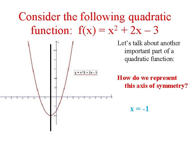 Consider the following quadratic function: f(x) = x 2 + 2 x – 3