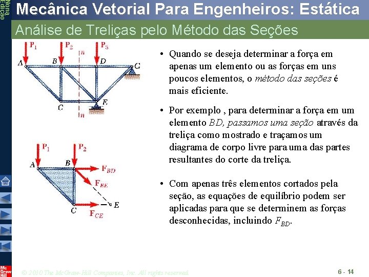 Nona Edição Mecânica Vetorial Para Engenheiros: Estática Análise de Treliças pelo Método das Seções Nona Edição Mecânica Vetorial Para Engenheiros: Estática Análise de Treliças pelo Método das Seções