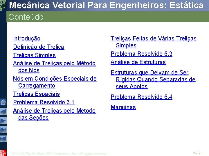 Nona Edição Mecânica Vetorial Para Engenheiros: Estática Conteúdo Introdução Definição de Treliças Simples Análise Nona Edição Mecânica Vetorial Para Engenheiros: Estática Conteúdo Introdução Definição de Treliças Simples Análise