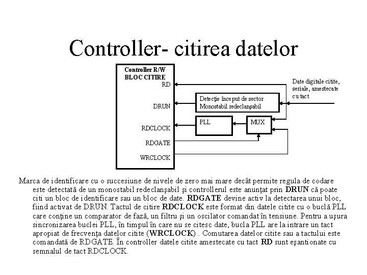 Controller- citirea datelor Controller R/W BLOC CITIRE RD DRUN RDCLOCK Detecţie început de sector