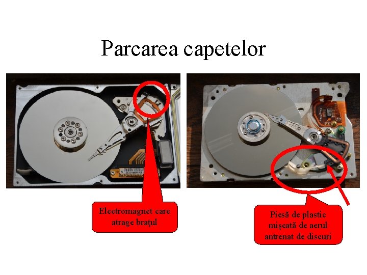 Parcarea capetelor Electromagnet care atrage braţul Piesă de plastic mişcată de aerul antrenat de