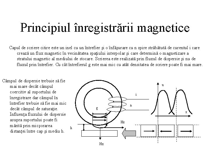 Principiul înregistrării magnetice Capul de scriere citire este un inel cu un întrefier şi