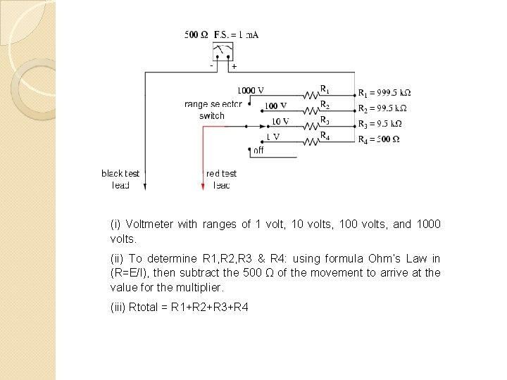 (i) Voltmeter with ranges of 1 volt, 10 volts, 100 volts, and 1000 volts. (i) Voltmeter with ranges of 1 volt, 10 volts, 100 volts, and 1000 volts.