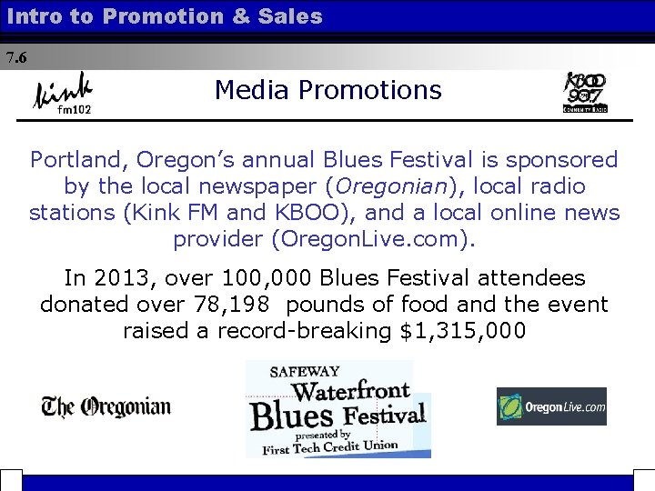 Intro to Promotion & Sales 7. 6 Media Promotions Portland, Oregon’s annual Blues Festival