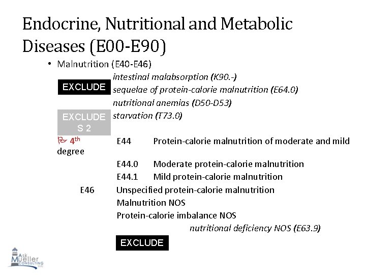 Endocrine, Nutritional and Metabolic Diseases (E 00 -E 90) • Malnutrition (E 40 -E Endocrine, Nutritional and Metabolic Diseases (E 00 -E 90) • Malnutrition (E 40 -E