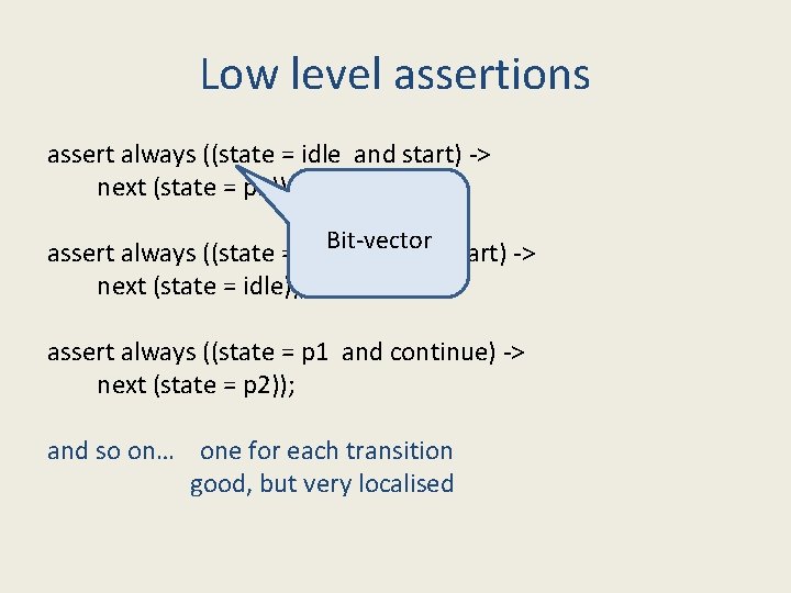 Low level assertions assert always ((state = idle and start) -> next (state =