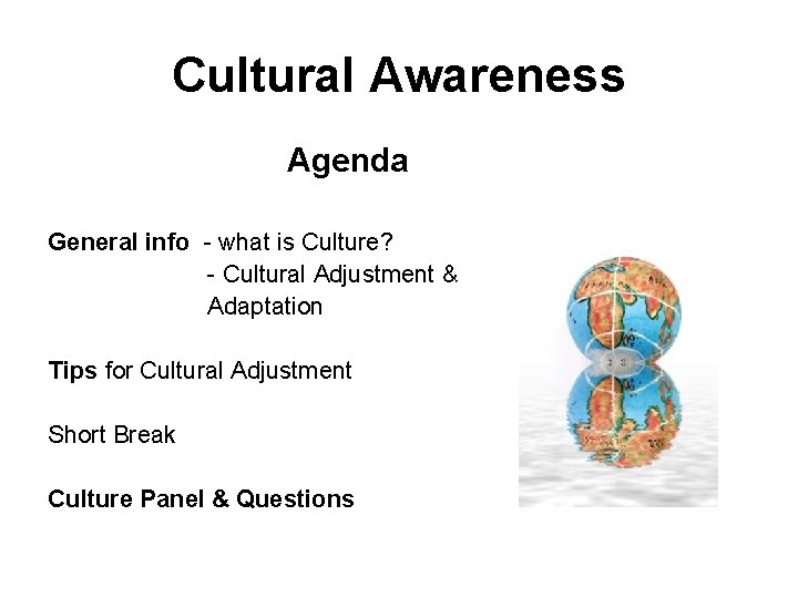 Cultural Awareness Agenda General info - what is Culture? - Cultural Adjustment & Adaptation