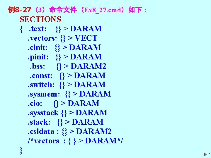 例8 -27（3）命令文件（Ex 8_27. cmd）如下： SECTIONS { . text: {} > DARAM . vectors: {}