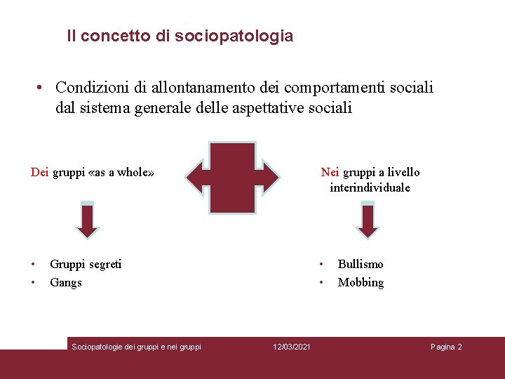 Il concetto di sociopatologia • Condizioni di allontanamento dei comportamenti sociali dal sistema generale