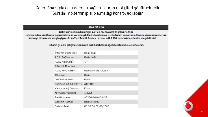 Gelen Ana sayfa da modemin bağlantı durumu bilgileri görülmektedir. Burada modemin ıp almadığı kontrol