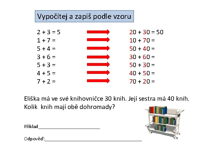 Vypočítej a zapiš podle vzoru 2+3=5 1+7= 5+4= 3+6= 5+3= 4+5= 7+2= 20 +