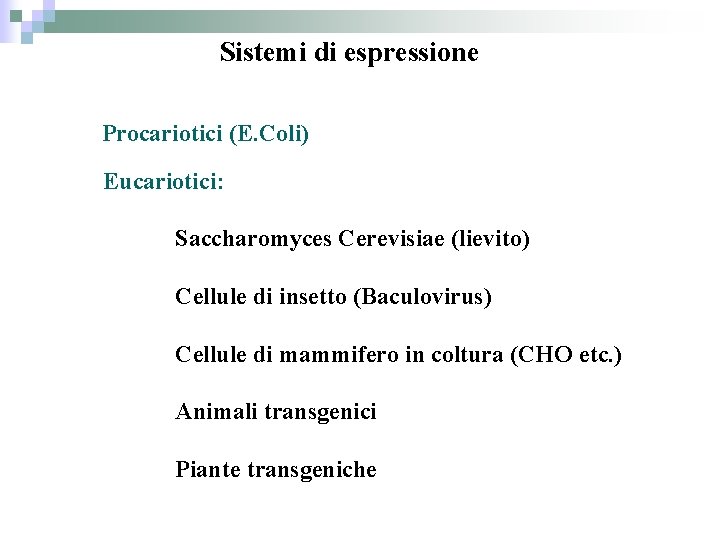 Sistemi di espressione Procariotici (E. Coli) Eucariotici: Saccharomyces Cerevisiae (lievito) Cellule di insetto (Baculovirus)