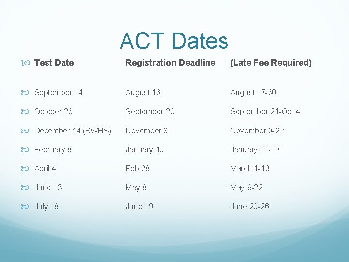 ACT Dates Test Date Registration Deadline (Late Fee Required) September 14 August 16 August