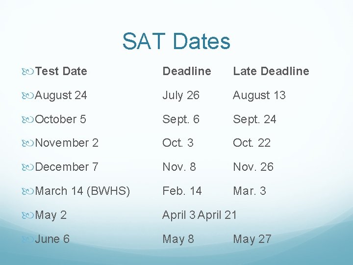 SAT Dates Test Date Deadline Late Deadline August 24 July 26 August 13 October