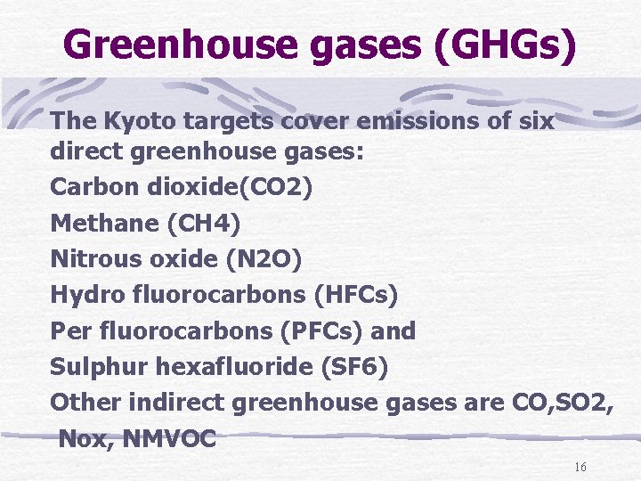 Greenhouse gases (GHGs) The Kyoto targets cover emissions of six direct greenhouse gases: Carbon