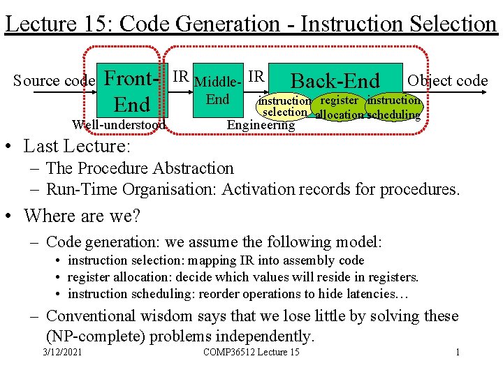 Lecture 15: Code Generation - Instruction Selection Source code Front. End Well-understood IR Middle-