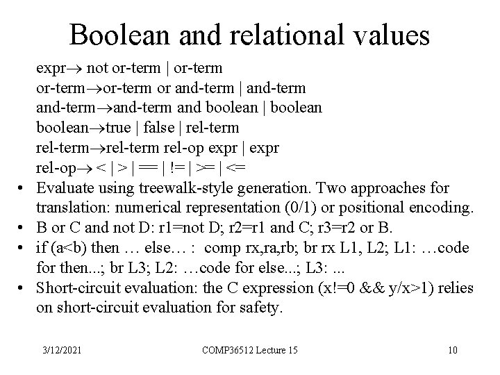 Boolean and relational values • • expr not or-term | or-term or and-term |