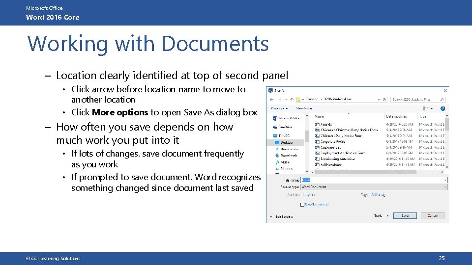 Microsoft Office Word 2016 Core Working with Documents – Location clearly identified at top