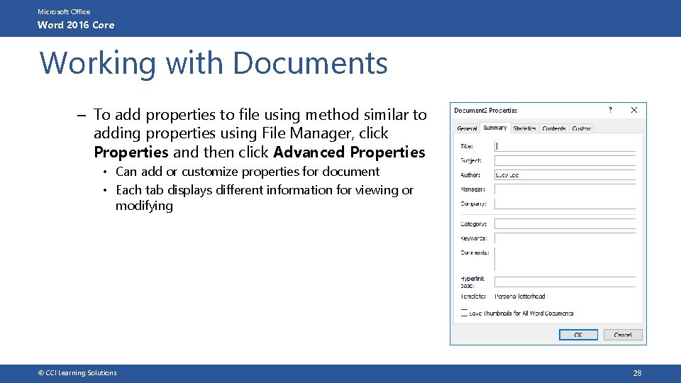 Microsoft Office Word 2016 Core Working with Documents – To add properties to file