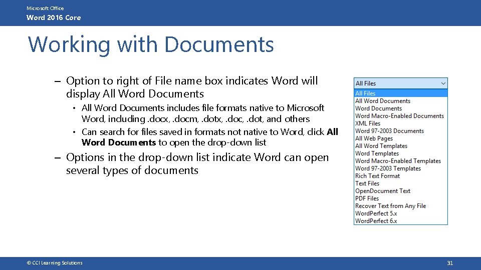 Microsoft Office Word 2016 Core Working with Documents – Option to right of File