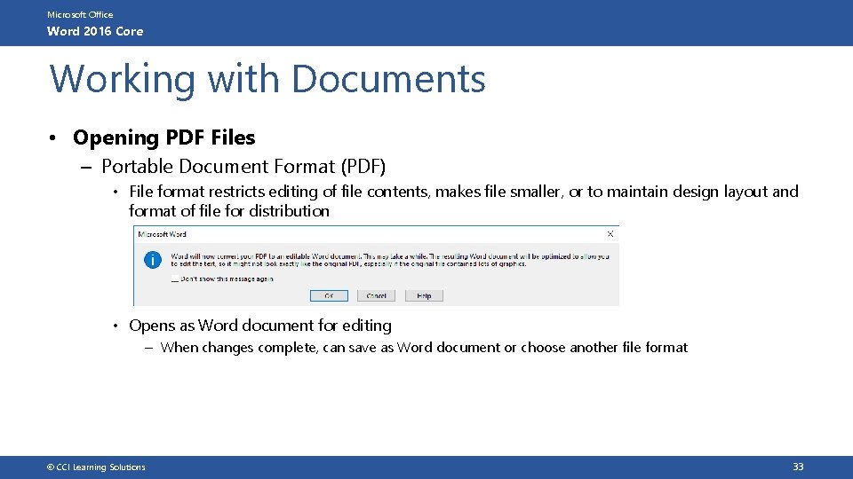 Microsoft Office Word 2016 Core Working with Documents • Opening PDF Files – Portable