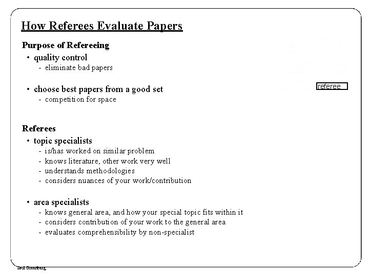 How Referees Evaluate Papers Purpose of Refereeing • quality control - eliminate bad papers