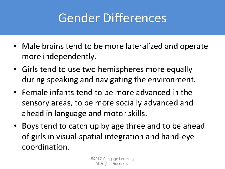 Gender Differences • Male brains tend to be more lateralized and operate more independently. Gender Differences • Male brains tend to be more lateralized and operate more independently.