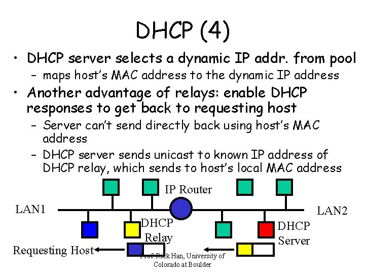 DHCP (4) • DHCP server selects a dynamic IP addr. from pool – maps