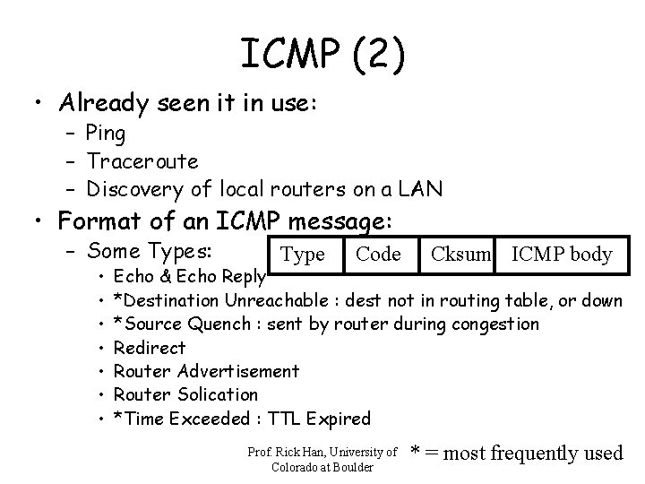 ICMP (2) • Already seen it in use: – Ping – Traceroute – Discovery