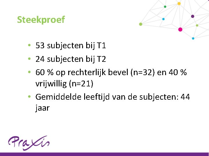 Steekproef • 53 subjecten bij T 1 • 24 subjecten bij T 2 •