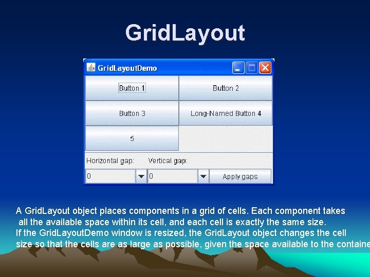 Grid. Layout A Grid. Layout object places components in a grid of cells. Each