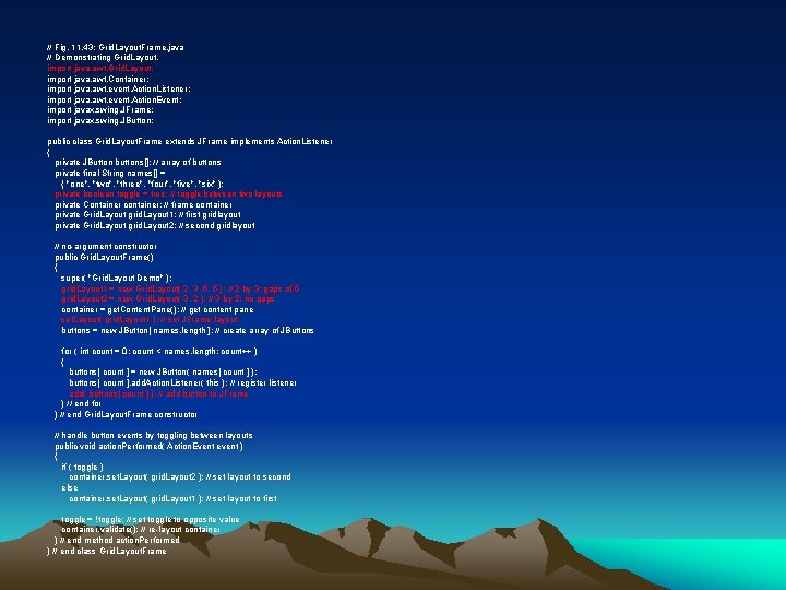 // Fig. 11. 43: Grid. Layout. Frame. java // Demonstrating Grid. Layout. import java.