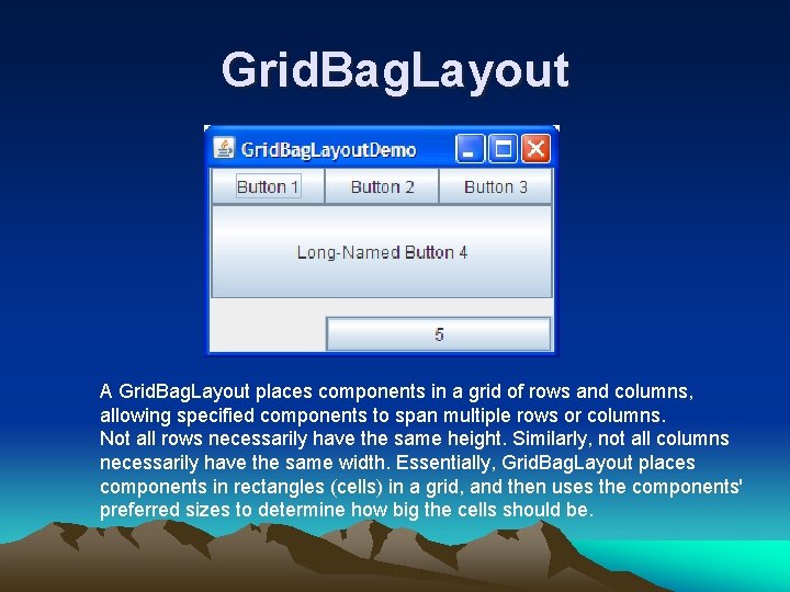 Grid. Bag. Layout A Grid. Bag. Layout places components in a grid of rows