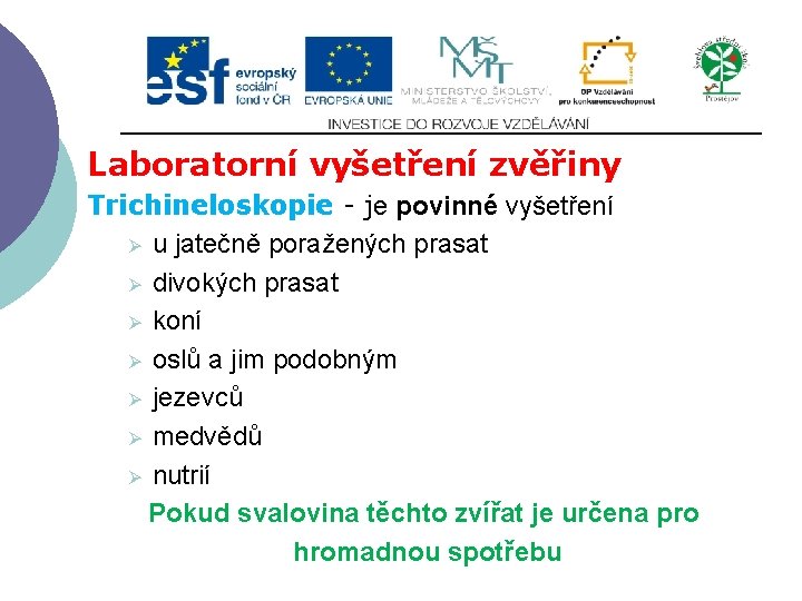 Laboratorní vyšetření zvěřiny Trichineloskopie - je povinné vyšetření Ø u jatečně poražených prasat Ø