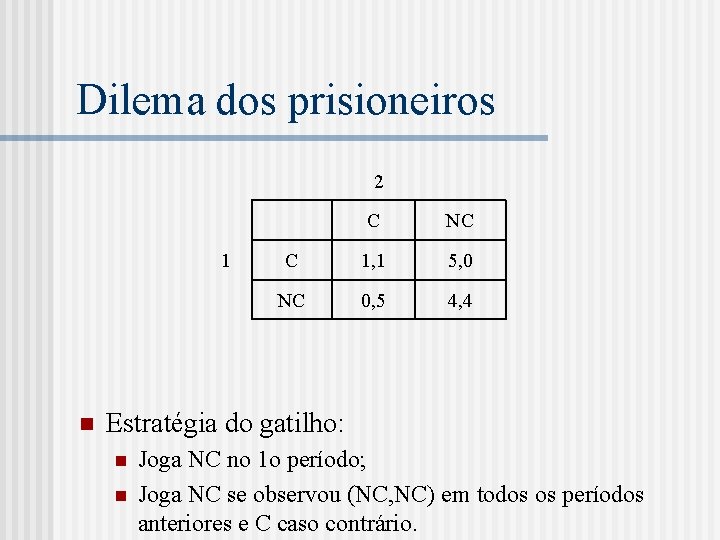 Dilema dos prisioneiros 2 1 n C NC C 1, 1 5, 0 NC