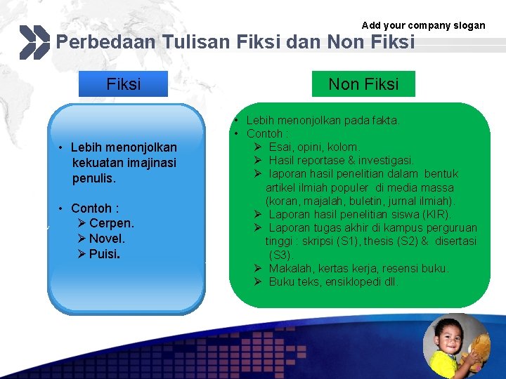 Add your company slogan Perbedaan Tulisan Fiksi dan Non Fiksi • Lebih menonjolkan kekuatan