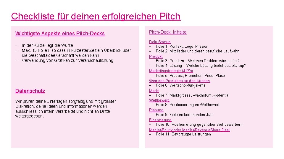 Checkliste für deinen erfolgreichen Pitch Wichtigste Aspekte eines Pitch-Decks - In der Kürze liegt