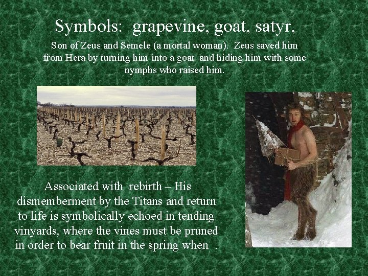 Symbols: grapevine, goat, satyr, Son of Zeus and Semele (a mortal woman). Zeus saved