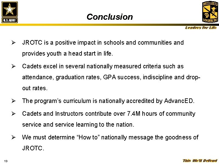 Conclusion Leaders for Life Ø JROTC is a positive impact in schools and communities Conclusion Leaders for Life Ø JROTC is a positive impact in schools and communities