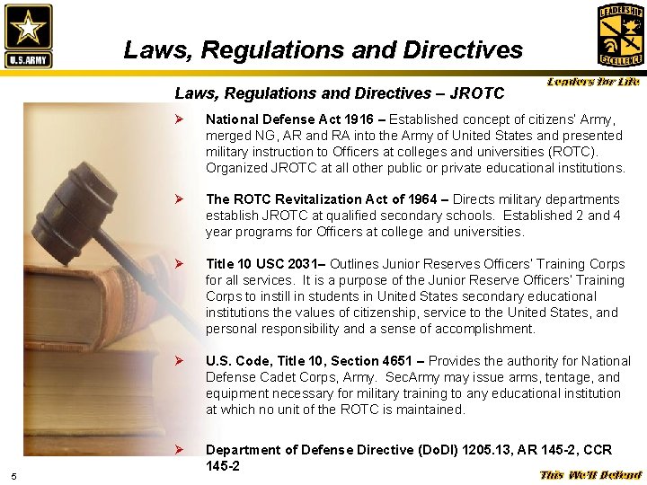 Laws, Regulations and Directives – JROTC 5 Leaders for Life Ø National Defense Act Laws, Regulations and Directives – JROTC 5 Leaders for Life Ø National Defense Act