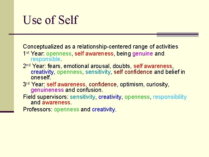 Use of Self Conceptualized as a relationship-centered range of activities 1 st Year: openness,