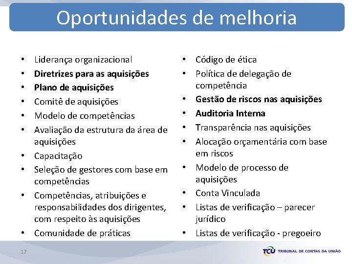 Oportunidades de melhoria • • • 17 Liderança organizacional Diretrizes para as aquisições Plano