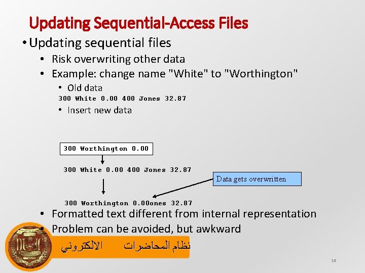 Updating Sequential-Access Files • Updating sequential files • Risk overwriting other data • Example: