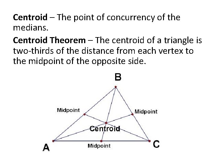 Centroid – The point of concurrency of the medians. Centroid Theorem – The centroid